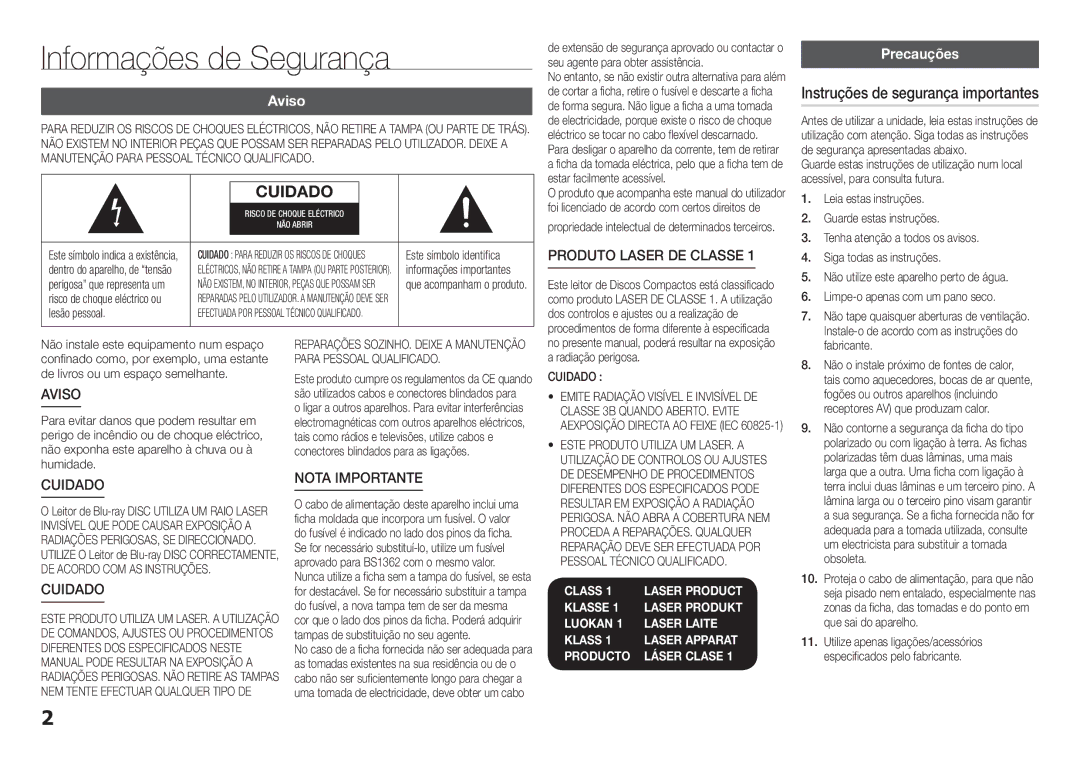 Samsung BD-H5500/ZF manual Informações de Segurança, Aviso, Precauções 