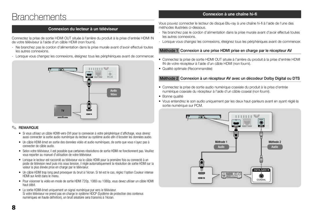 Samsung BD-H5500/ZF manual Branchements, Connexion du lecteur à un téléviseur, Connexion à une chaîne hi-fi 