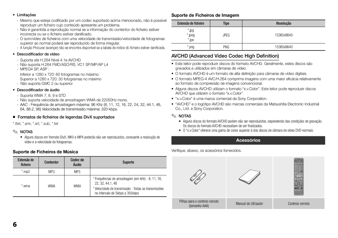 Samsung BD-H5500/ZF manual Avchd Advanced Video Codec High Definition, Acessórios 