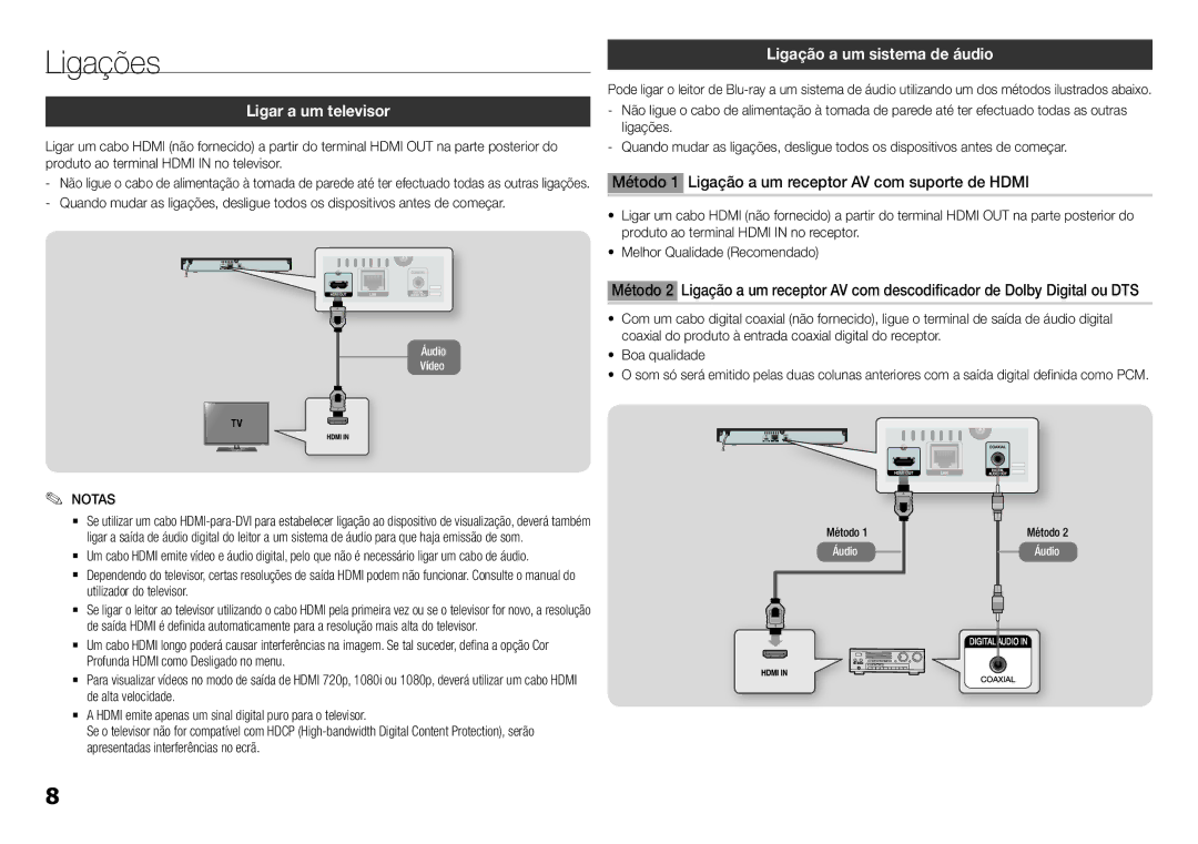 Samsung BD-H5500/ZF manual Ligar a um televisor, Ligação a um sistema de áudio 