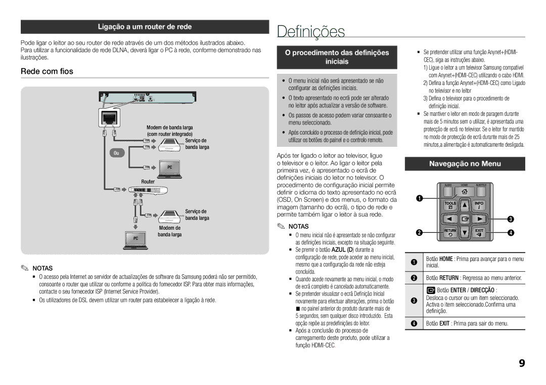 Samsung BD-H5500/ZF Rede com fios, Ligação a um router de rede, Procedimento das definições Iniciais, Navegação no Menu 