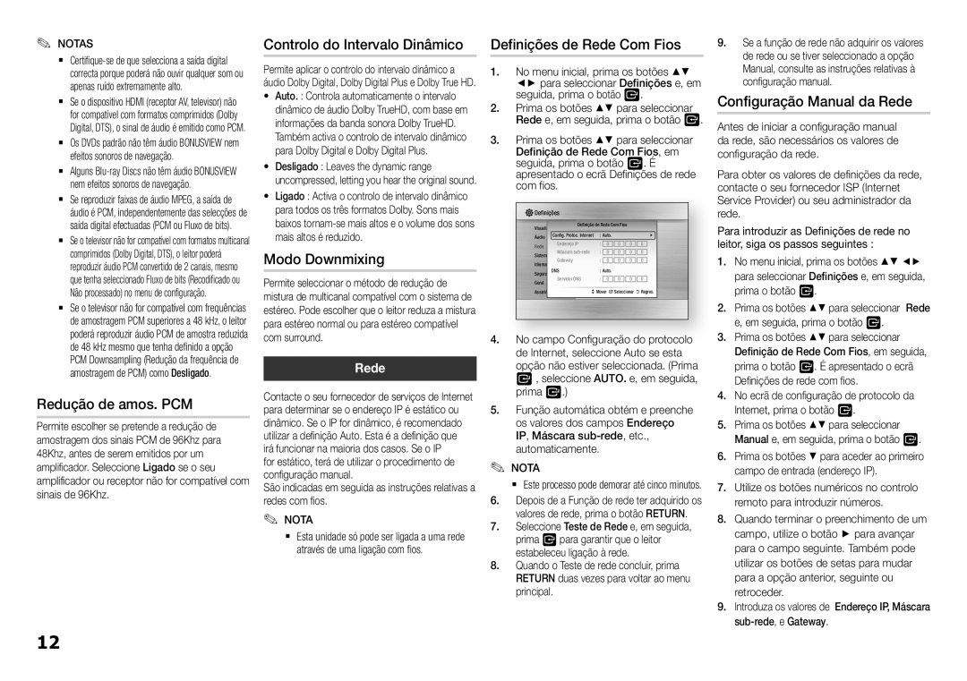 Samsung BD-H5500/ZF manual Redução de amos. PCM, Controlo do Intervalo Dinâmico, Definições de Rede Com Fios 