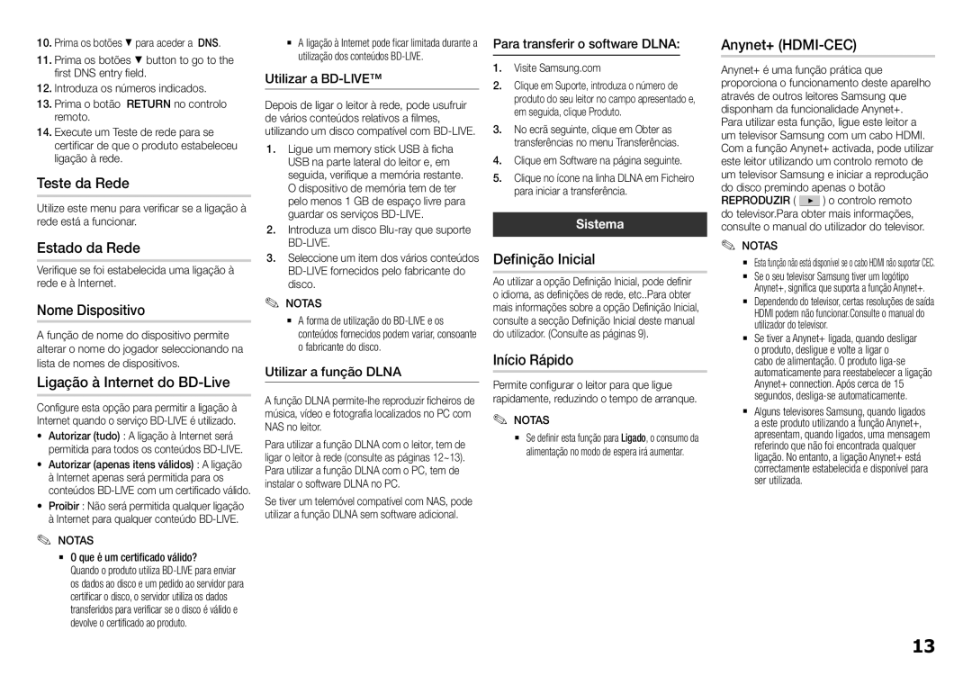 Samsung BD-H5500/ZF manual Teste da Rede, Estado da Rede, Ligação à Internet do BD-Live, Definição Inicial, Início Rápido 