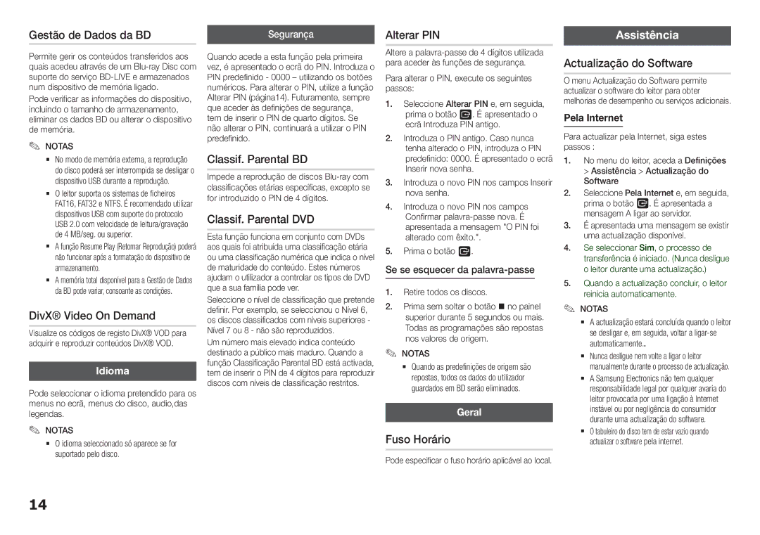 Samsung BD-H5500/ZF manual Gestão de Dados da BD Alterar PIN, Actualização do Software, Classif. Parental BD, Fuso Horário 