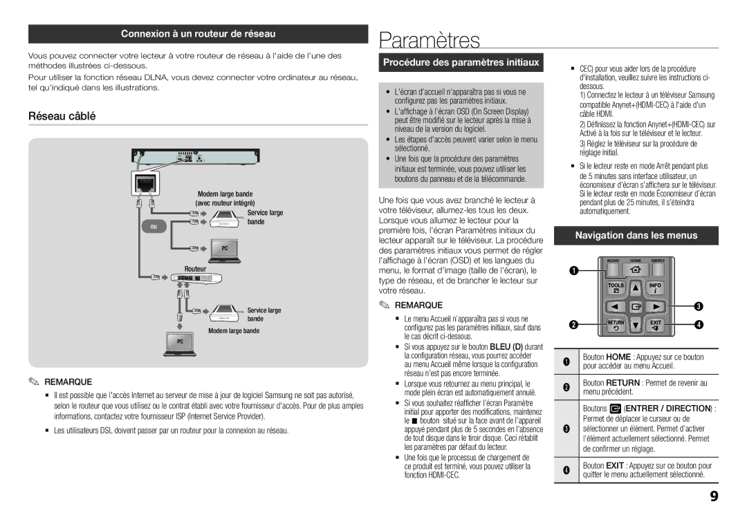 Samsung BD-H5500/ZF manual Paramètres, Réseau câblé, Connexion à un routeur de réseau, Navigation dans les menus 