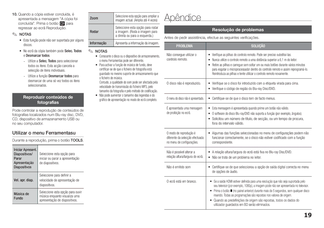 Samsung BD-H5500/ZF Apêndice, Utilizar o menu Ferramentasu, Reproduzir conteúdos de Fotografias, Resolução de problemas 