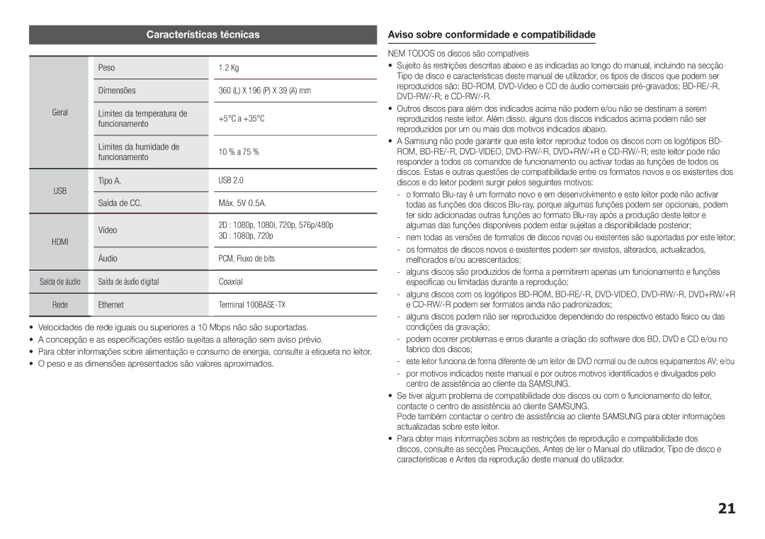 Samsung BD-H5500/ZF manual Características técnicas 