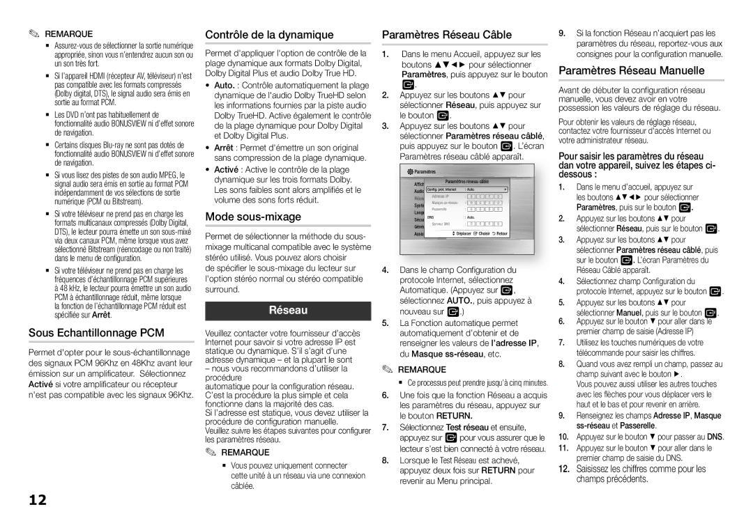 Samsung BD-H5500/ZF manual Contrôle de la dynamique, Mode sous-mixage, Sous Echantillonnage PCM, Paramètres Réseau Câble 