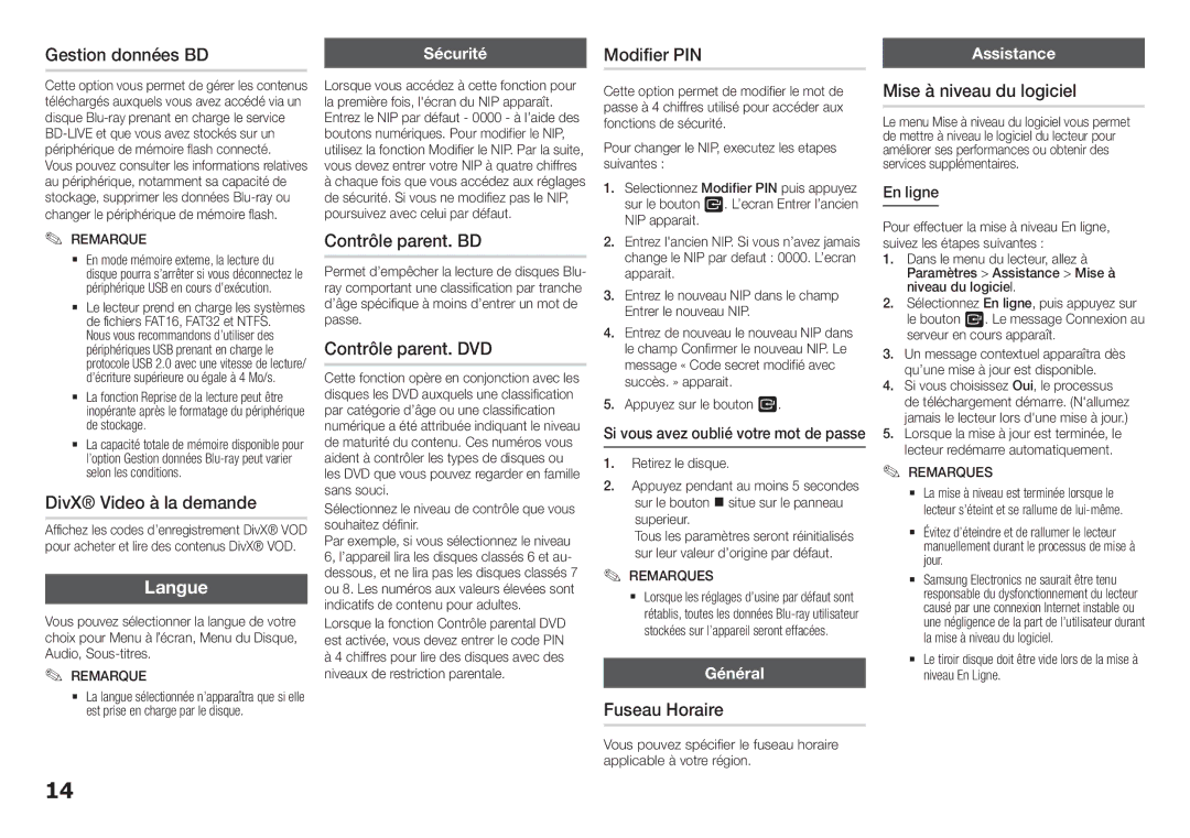 Samsung BD-H5500/ZF Gestion données BD, DivX Video à la demande, Contrôle parent. BD, Contrôle parent. DVD, Modifier PIN 