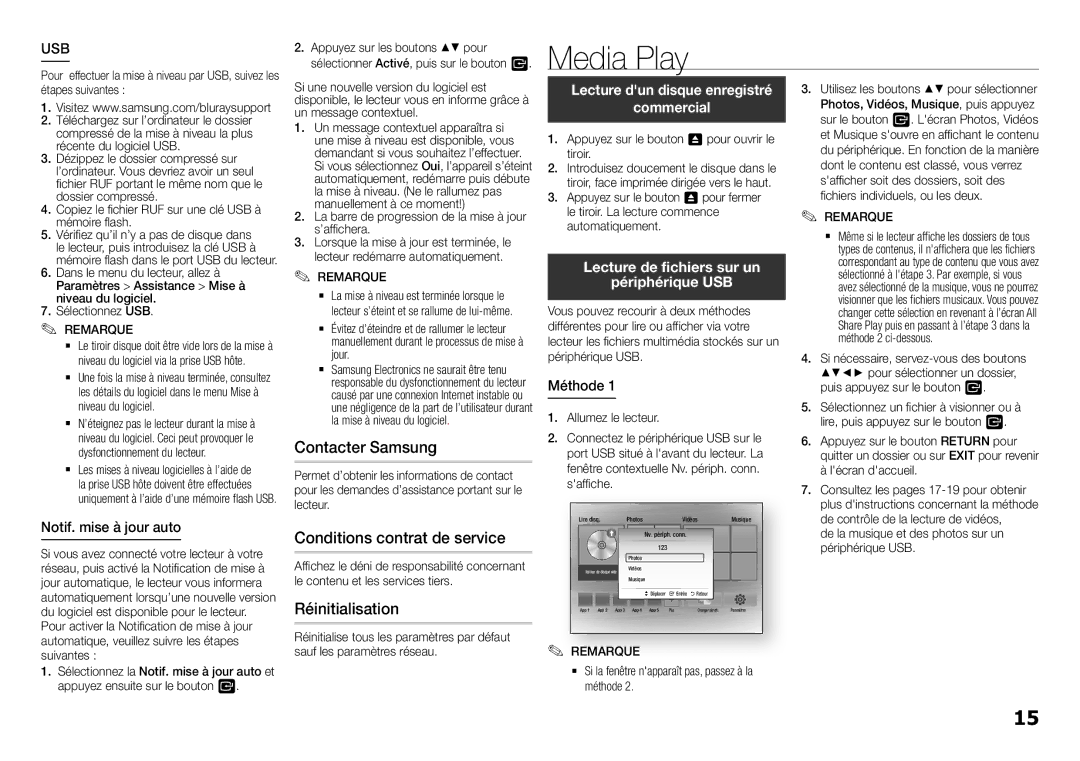 Samsung BD-H5500/ZF manual Media Play, Contacter Samsung, Conditions contrat de service, Réinitialisation 