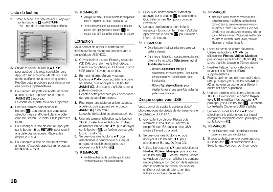 Samsung BD-H5500/ZF manual Liste de lecture, Extraction, Disque copier vers USB 