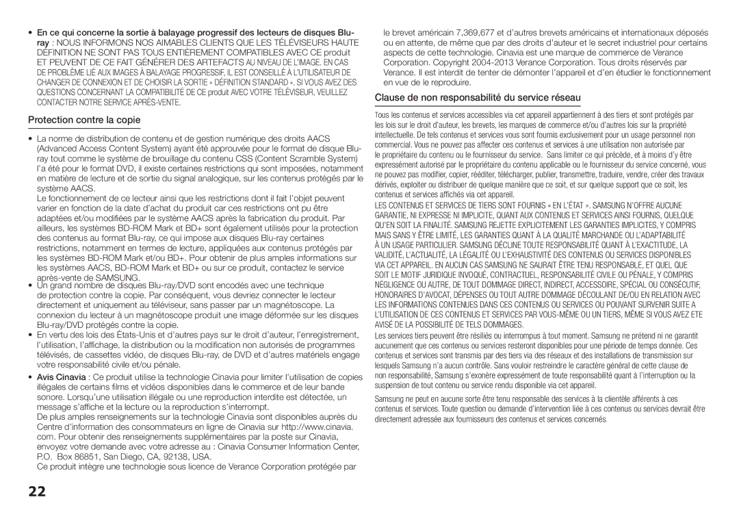 Samsung BD-H5500/ZF manual Protection contre la copie, Clause de non responsabilité du service réseau 