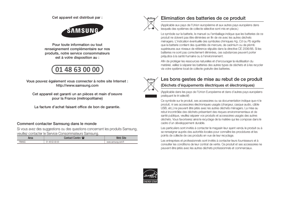 Samsung BD-H5500/ZF manual Elimination des batteries de ce produit, Comment contacter Samsung dans le monde 