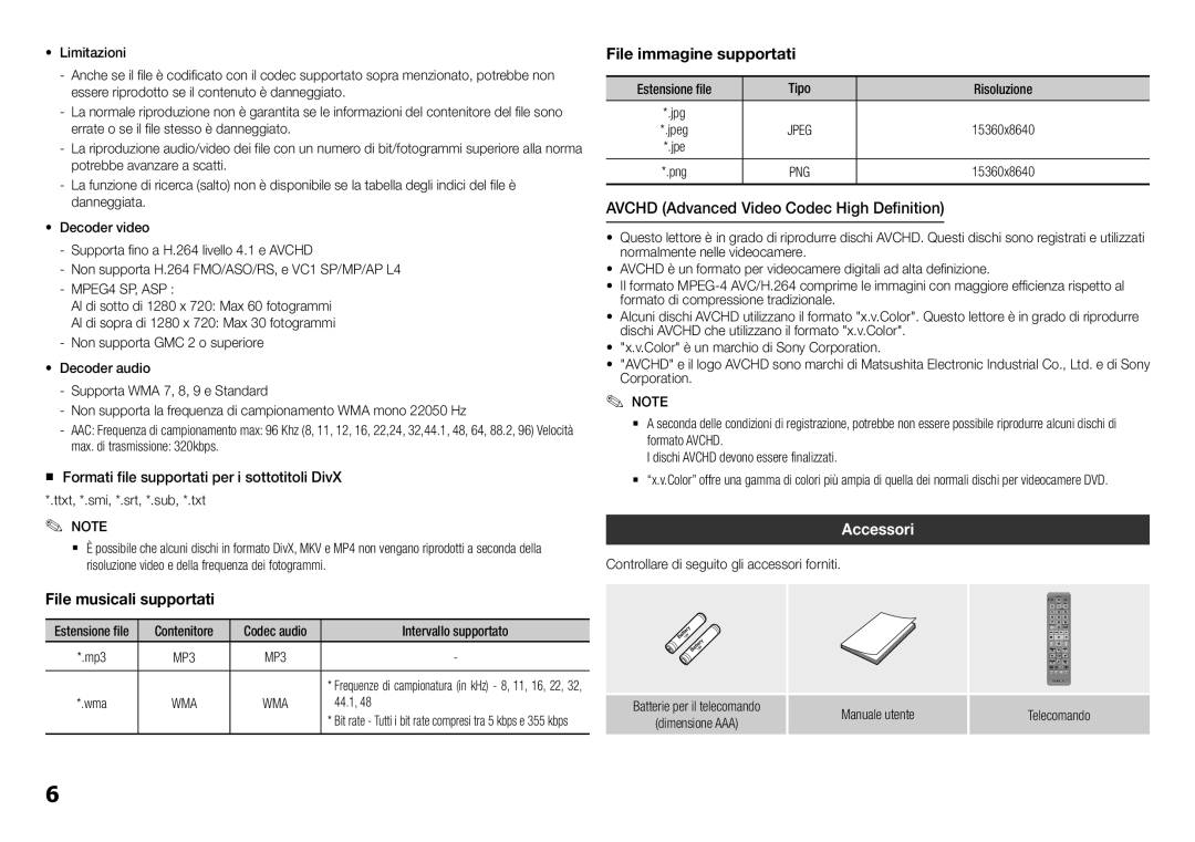 Samsung BD-H5500/ZF manual Avchd Advanced Video Codec High Definition, Accessori, Jpeg, Png 