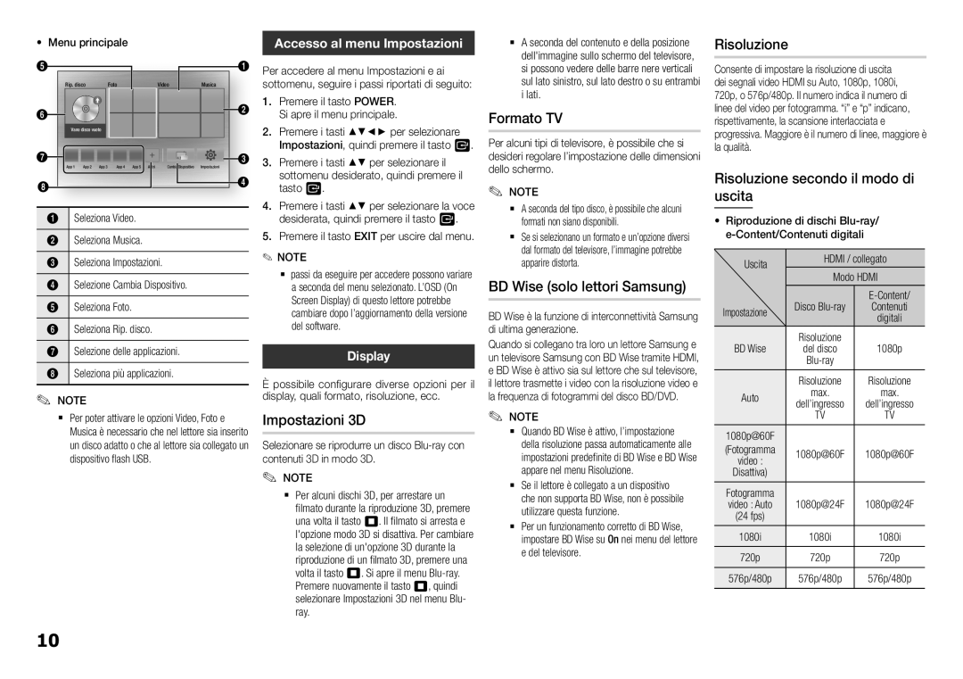 Samsung BD-H5500/ZF manual Impostazioni 3D, Formato TV, BD Wise solo lettori Samsung, Risoluzione 