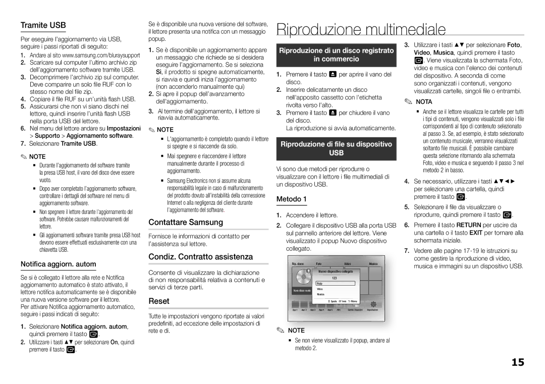 Samsung BD-H5500/ZF manual Riproduzione multimediale, Tramite USB, Contattare Samsung, Condiz. Contratto assistenza, Reset 