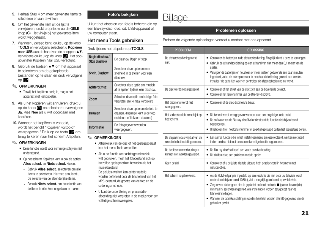 Samsung BD-H5900/ZF, BD-H5900/EN, BD-H5900/XN manual Bijlage, Het menu Tools gebruiken, Fotos bekijken, Problemen oplossen 