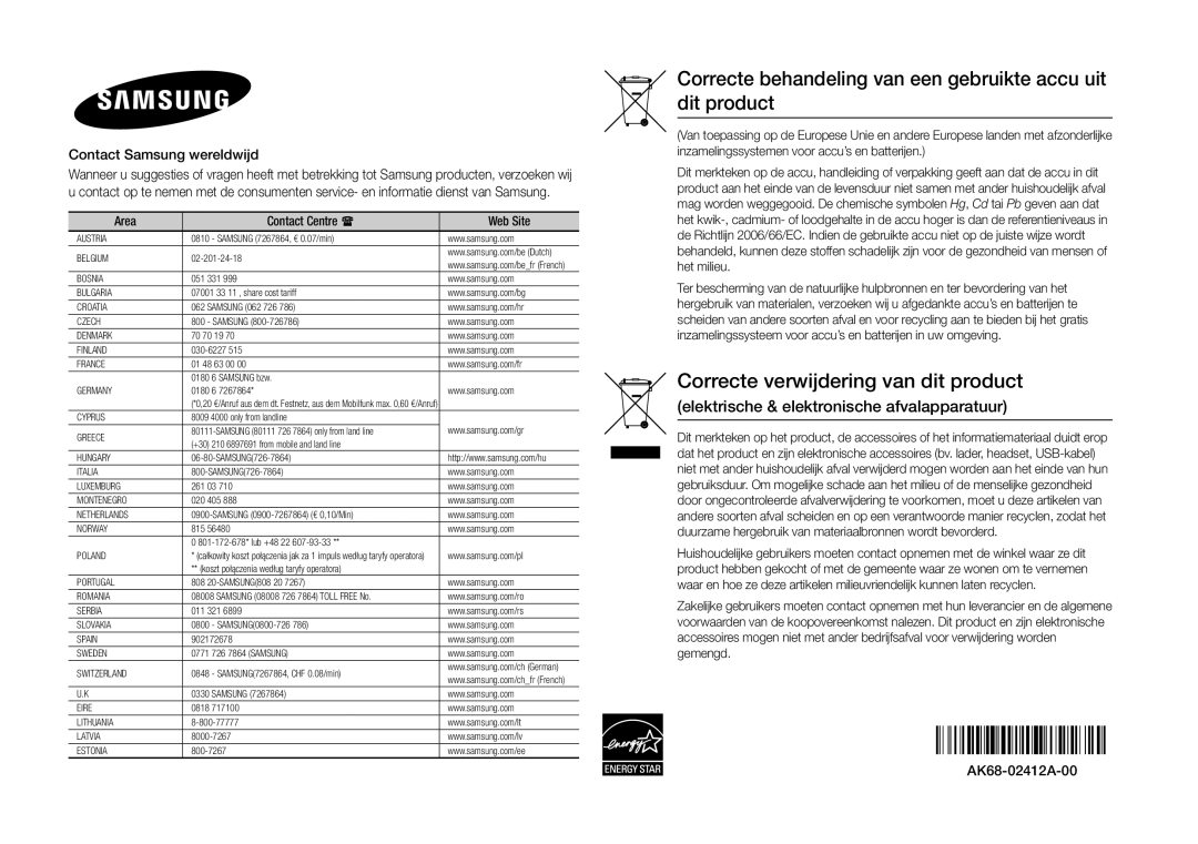 Samsung BD-H5900/XU, BD-H5900/EN, BD-H5900/ZF, BD-H5900/XN manual Contact Samsung wereldwijd, Area Contact Centre  Web Site 