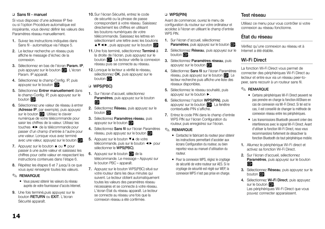 Samsung BD-H5900/XE, BD-H5900/EN, BD-H5900/ZF manual Test réseau, État du réseau, Wi-Fi Direct, ĞĞ Sans fil manuel, Wps Pin 