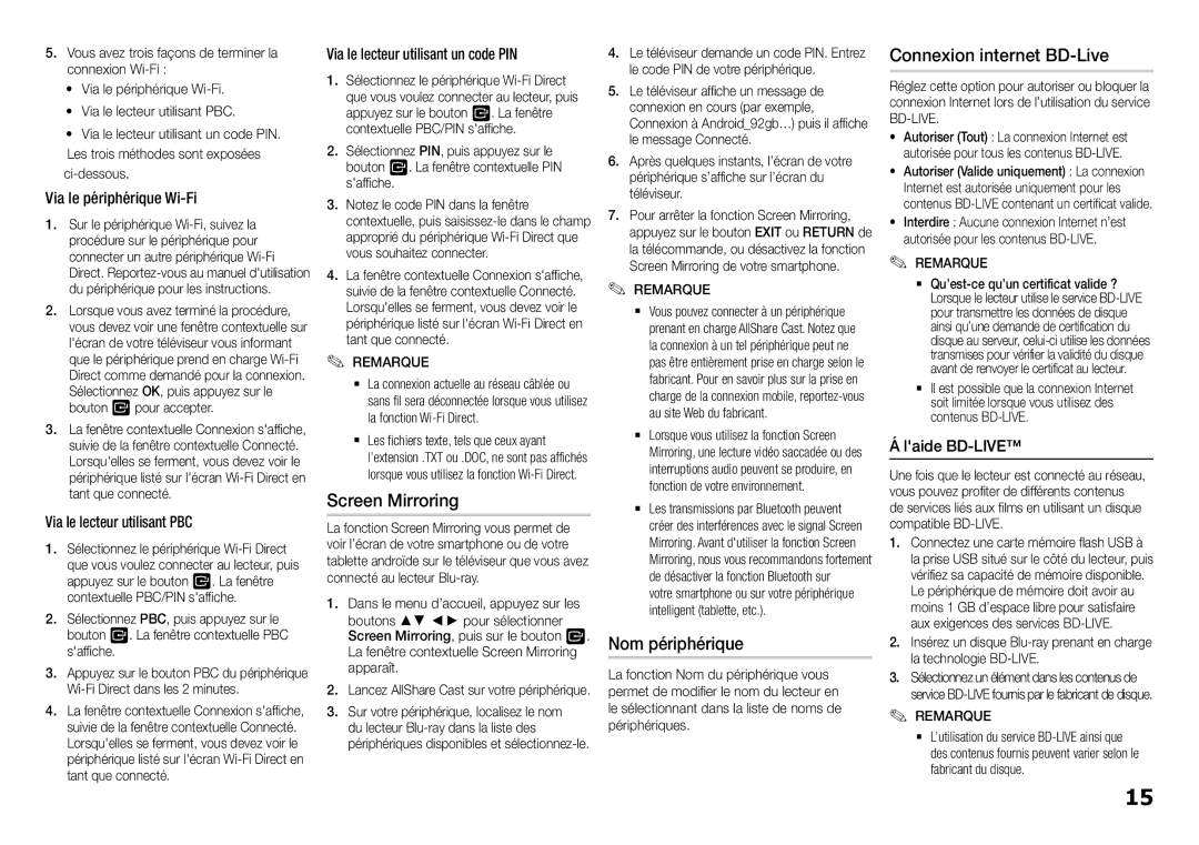 Samsung BD-H5900/EN, BD-H5900/ZF, BD-H5900/XN, BD-H5900/XU Screen Mirroring, Nom périphérique, Connexion internet BD-Live 