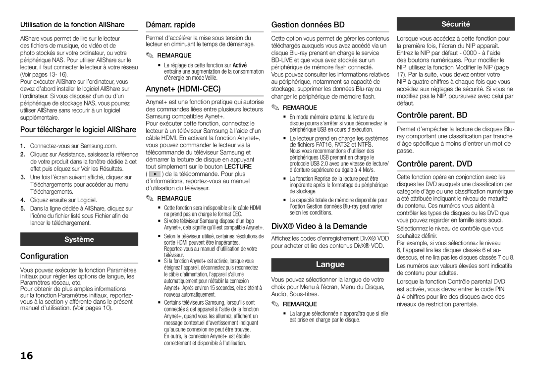 Samsung BD-H5900/ZF manual Configuration, Démarr. rapide, Anynet+ HDMI-CEC, Gestion données BD, DivX Video à la Demande 