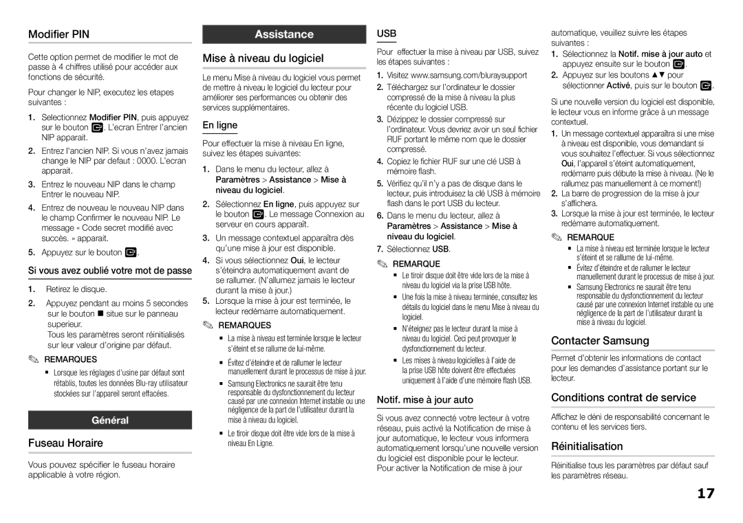 Samsung BD-H5900/XN manual Modifier PIN, Fuseau Horaire, Mise à niveau du logiciel, Contacter Samsung, Réinitialisation 