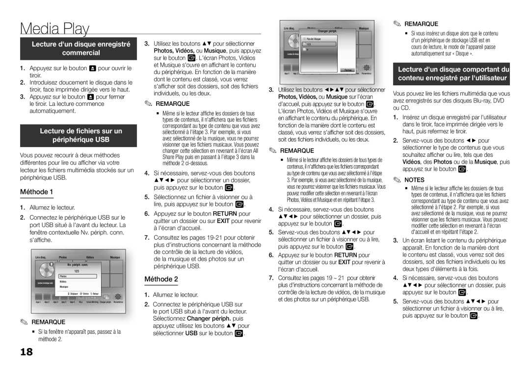 Samsung BD-H5900/XU, BD-H5900/EN, BD-H5900/ZF Media Play, Commercial, Lecture de fichiers sur un Périphérique USB, Méthode 