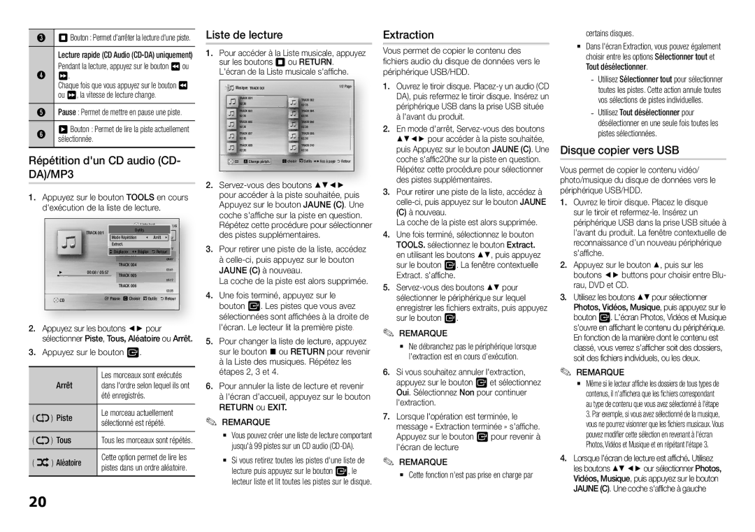 Samsung BD-H5900/EN manual Répétition dun CD audio CD- DA/MP3, Liste de lecture, Extraction, Disque copier vers USB, Return 