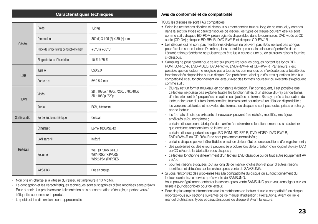 Samsung BD-H5900/XU, BD-H5900/EN, BD-H5900/ZF Caractéristiques techniques, Ethernet, Avis de conformité et de compatibilité 