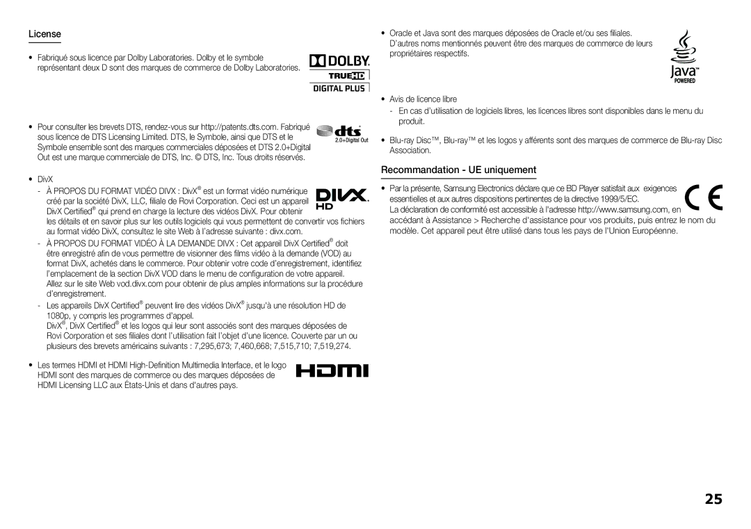 Samsung BD-H5900/EN, BD-H5900/ZF, BD-H5900/XN, BD-H5900/XU, BD-H5900/XE manual License, Recommandation UE uniquement 