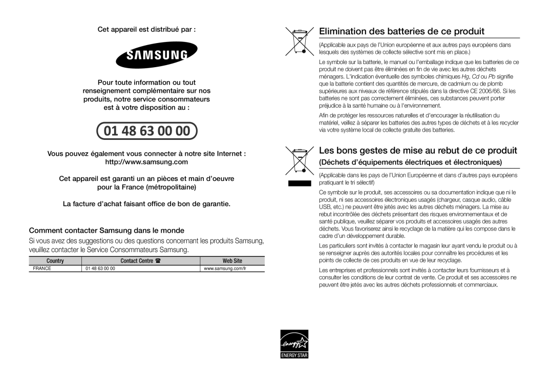 Samsung BD-H5900/XN, BD-H5900/EN, BD-H5900/ZF Comment contacter Samsung dans le monde, Country Contact Centre  Web Site 