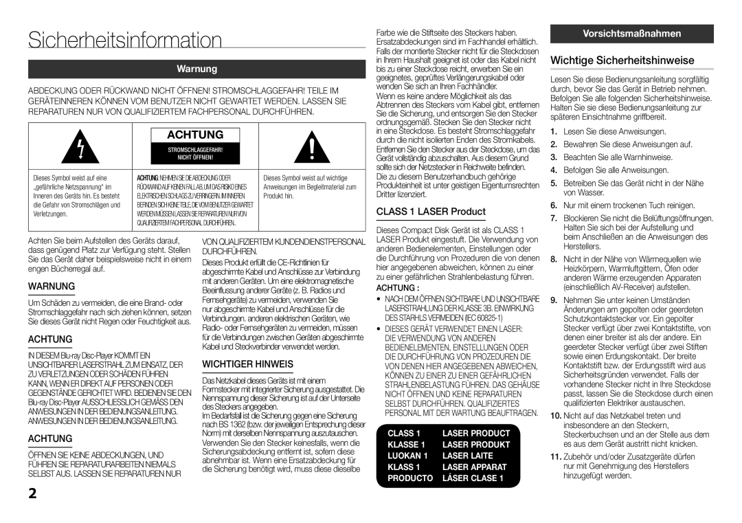 Samsung BD-H5900/XE, BD-H5900/EN manual Sicherheitsinformation, Wichtige Sicherheitshinweise, Warnung, Vorsichtsmaßnahmen 