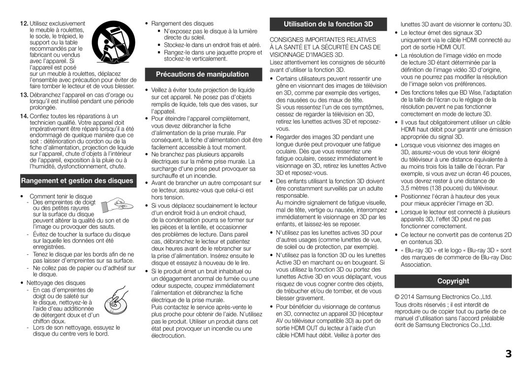 Samsung BD-H5900/XU, BD-H5900/EN, BD-H5900/ZF manual Précautions de manipulation, Utilisation de la fonction 3D, Copyright 