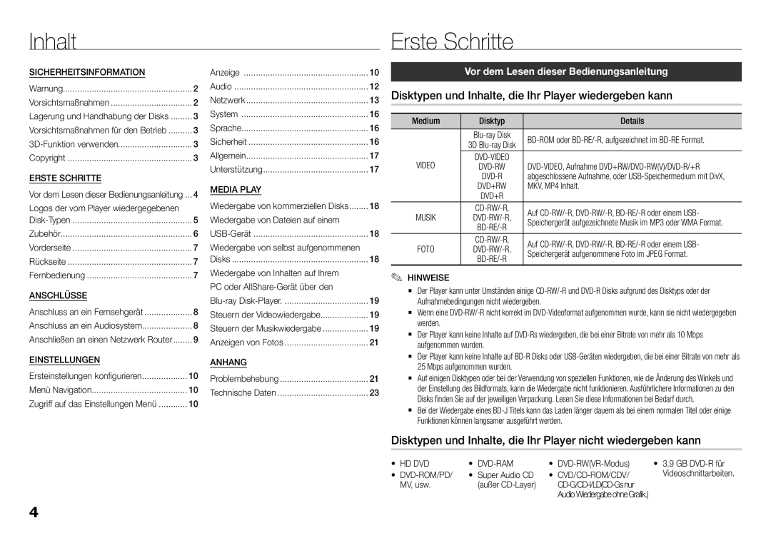 Samsung BD-H5900/ZF, BD-H5900/EN, BD-H5900/XN Inhalt Erste Schritte, Disktypen und Inhalte, die Ihr Player wiedergeben kann 
