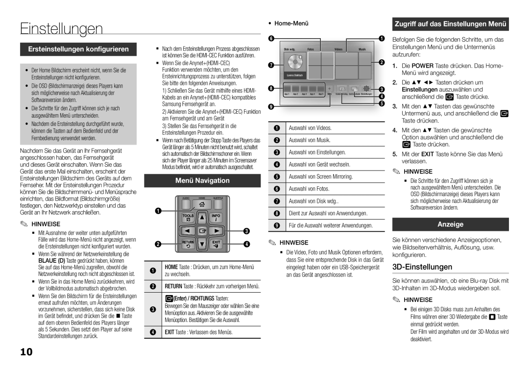 Samsung BD-H5900/XN, BD-H5900/EN manual 3D-Einstellungen, Ersteinstellungen konfigurieren, Menü Navigation, Anzeige 