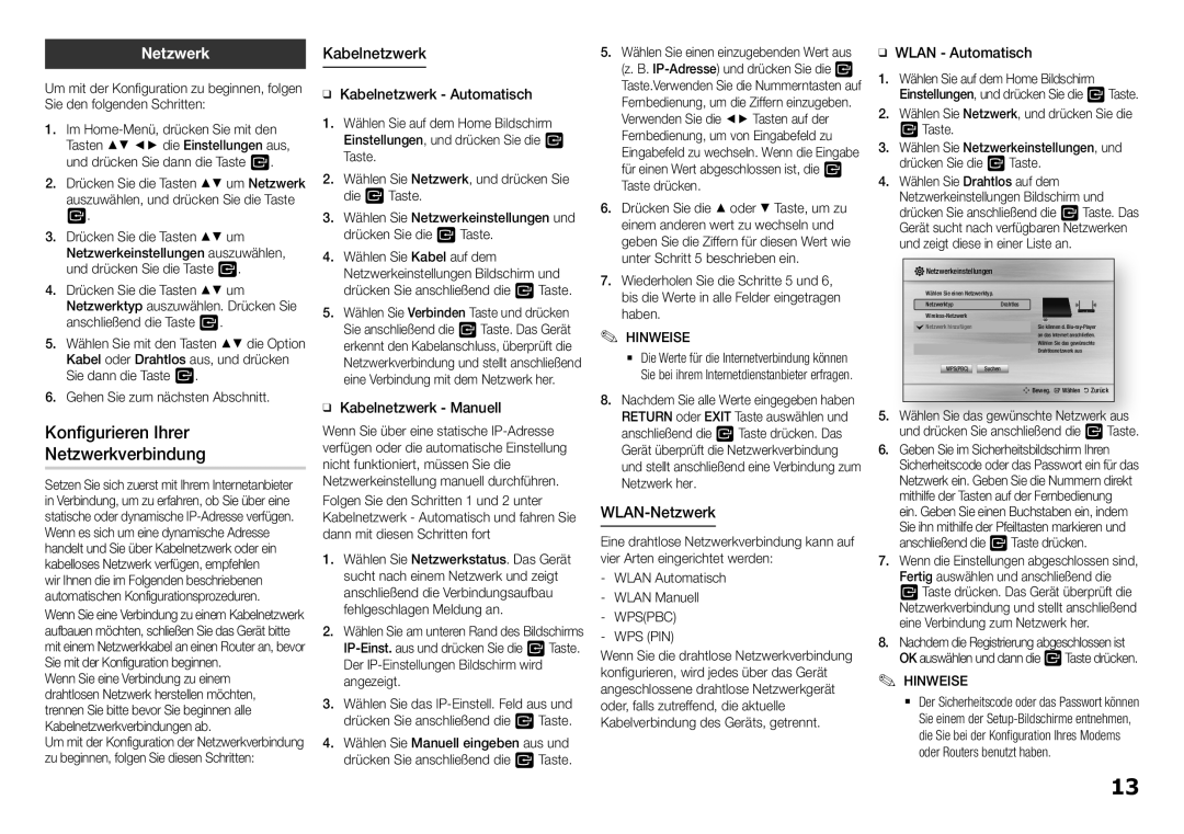 Samsung BD-H5900/EN, BD-H5900/ZF, BD-H5900/XN manual Konfigurieren Ihrer Netzwerkverbindung, Kabelnetzwerk, WLAN-Netzwerk 