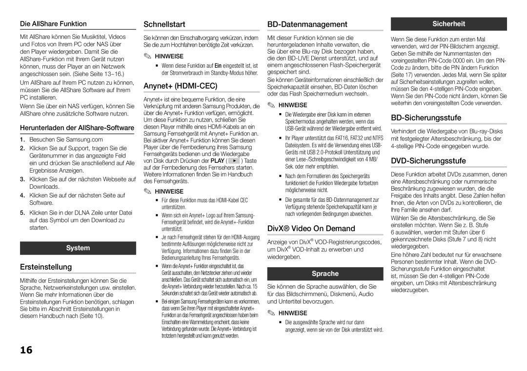 Samsung BD-H5900/XU manual Ersteinstellung, Schnellstart, BD-Datenmanagement, DivX Video On Demand, BD-Sicherungsstufe 