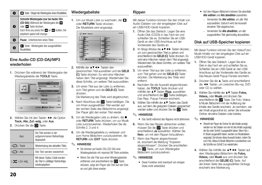 Samsung BD-H5900/XN manual Eine Audio-CD CD-DA/MP3 wiederholen, Wiedergabeliste, Rippen, Disk auf USB-Speicher kopieren 