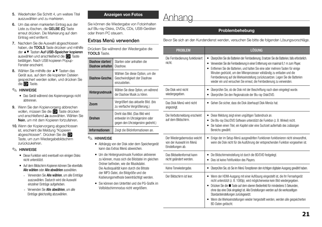 Samsung BD-H5900/XU, BD-H5900/EN, BD-H5900/ZF manual Anhang, Extras Menü verwenden, Anzeigen von Fotos, Problembehebung 