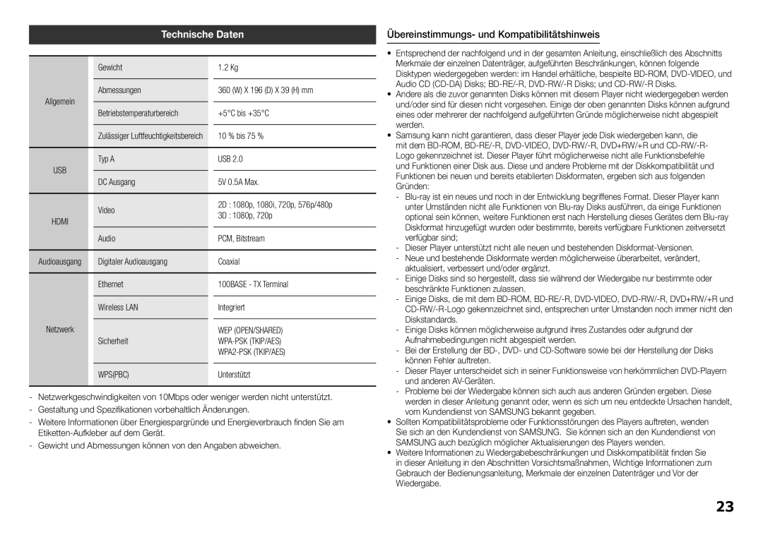 Samsung BD-H5900/EN, BD-H5900/ZF, BD-H5900/XN, BD-H5900/XU Technische Daten, Übereinstimmungs- und Kompatibilitätshinweis 