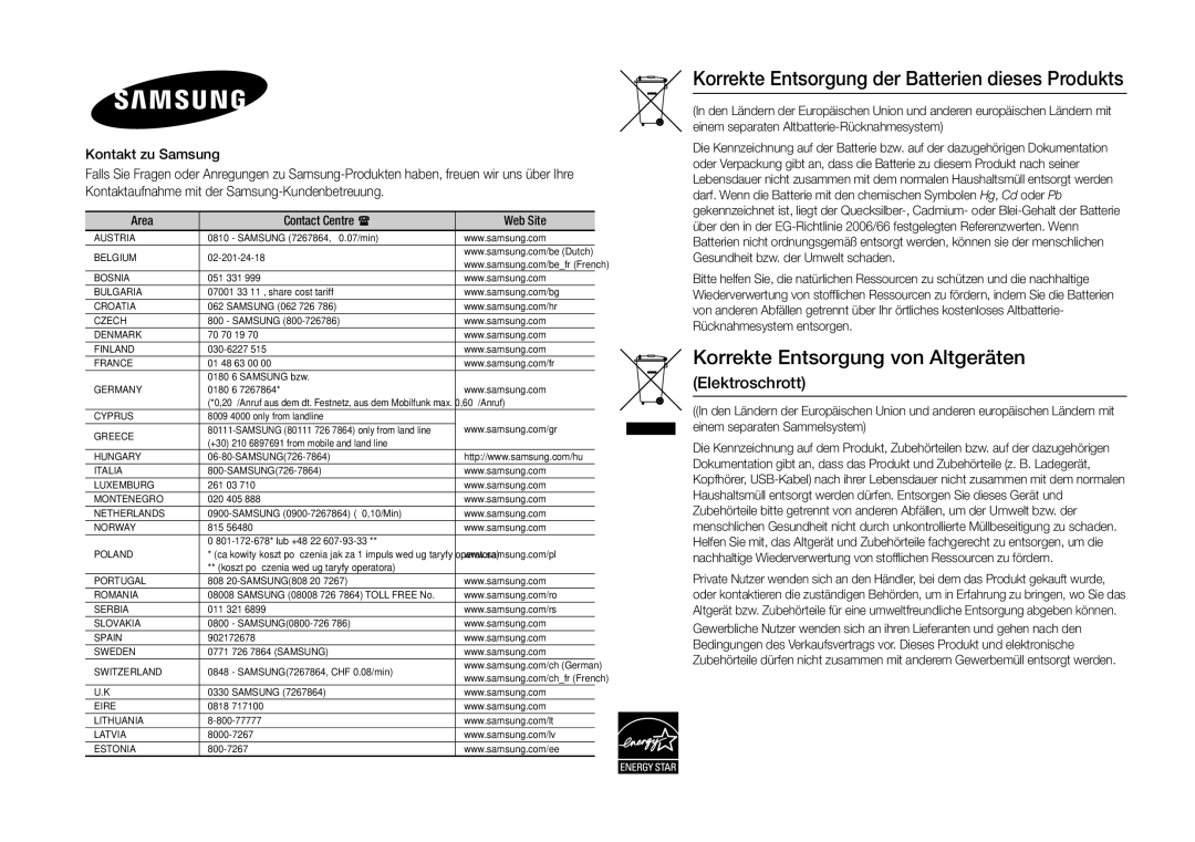 Samsung BD-H5900/XE, BD-H5900/EN, BD-H5900/ZF, BD-H5900/XN, BD-H5900/XU Korrekte Entsorgung der Batterien dieses Produkts 