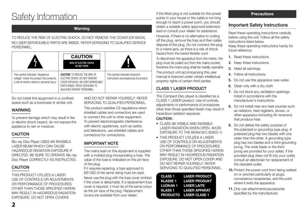 Samsung BD-H5900/ZF, BD-H5900/EN, BD-H5900/XN, BD-H5900/XU Safety Information, Important Safety Instructions, Precautions 