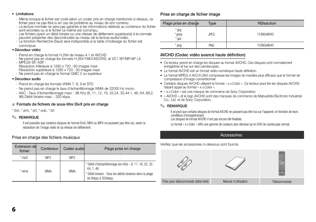 Samsung BD-H5900/ZF, BD-H5900/EN Prise en charge de fichier image, Avchd Codec vidéo avancé haute définition, Accessoires 