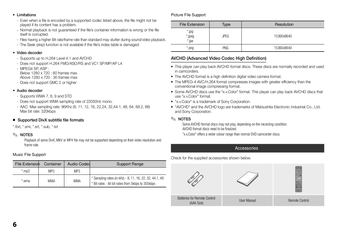 Samsung BD-H5900/EN manual Avchd Advanced Video Codec High Definition, Accessories, „„ Supported DivX subtitle file formats 