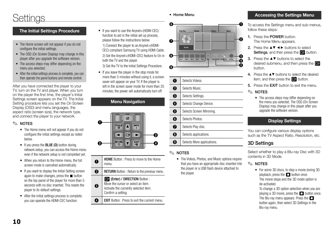 Samsung BD-H5900/XE, BD-H5900/EN manual 3D Settings, Initial Settings Procedure, Menu Navigation, Display Settings 