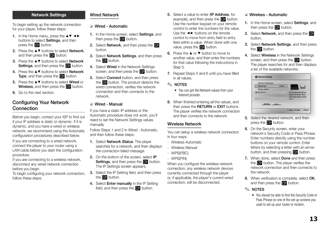 Samsung BD-H5900/XN, BD-H5900/EN Configuring Your Network Connection, Network Settings, Wired Network, Wireless Network 