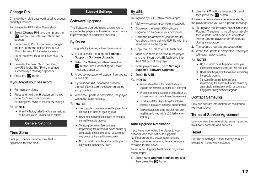 Samsung BD-H5900/ZF manual Change PIN, Time Zone, Software Upgrade, Contact Samsung, Terms of Service Agreement, Reset 