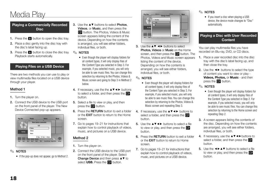 Samsung BD-H5900/XN, BD-H5900/EN manual Playing Files on a USB Device, Method, Playing a Disc with User Recorded Content 