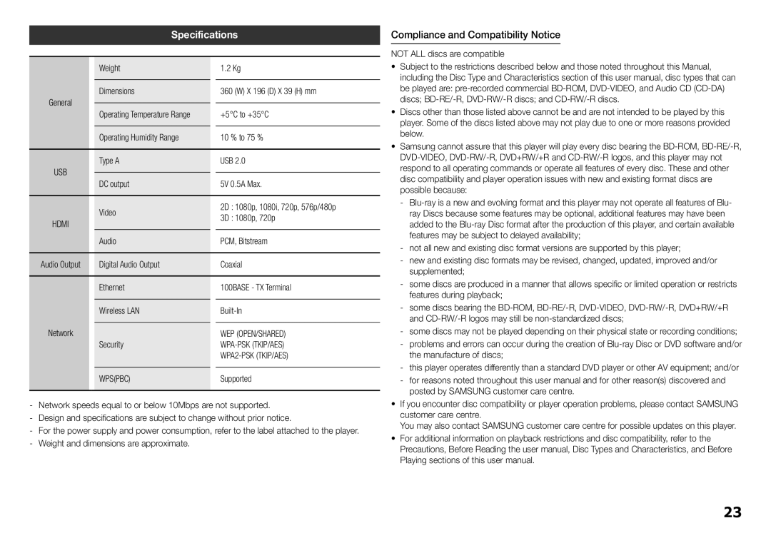 Samsung BD-H5900/XN, BD-H5900/EN, BD-H5900/ZF, BD-H5900/XU, BD-H5900/XE Specifications, Compliance and Compatibility Notice 