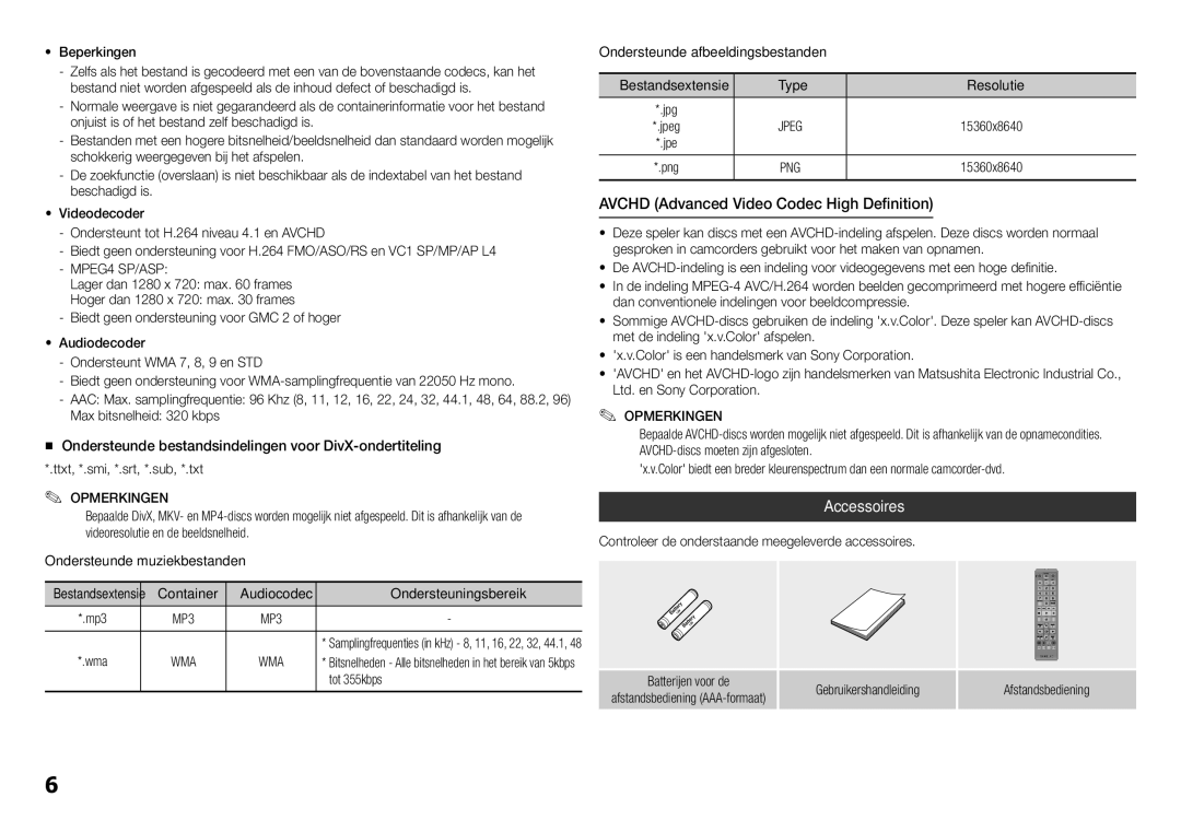 Samsung BD-H5900/ZF, BD-H5900/EN, BD-H5900/XN manual „„ Ondersteunde bestandsindelingen voor DivX-ondertiteling, Opmerkingen 